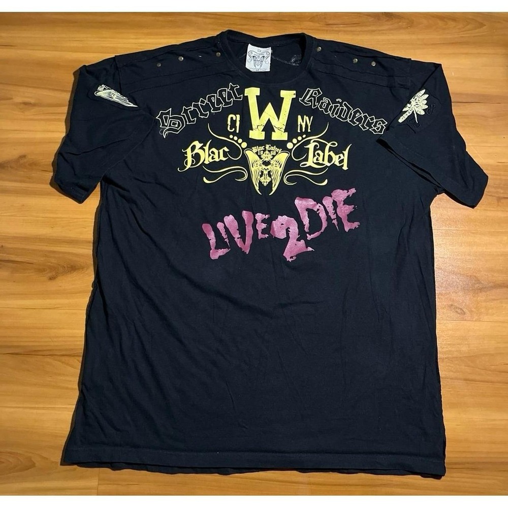 Mens Vintage Blac Label Street Raiders Warrior Y2 K Live 2 Die Crewneck T-Shirt